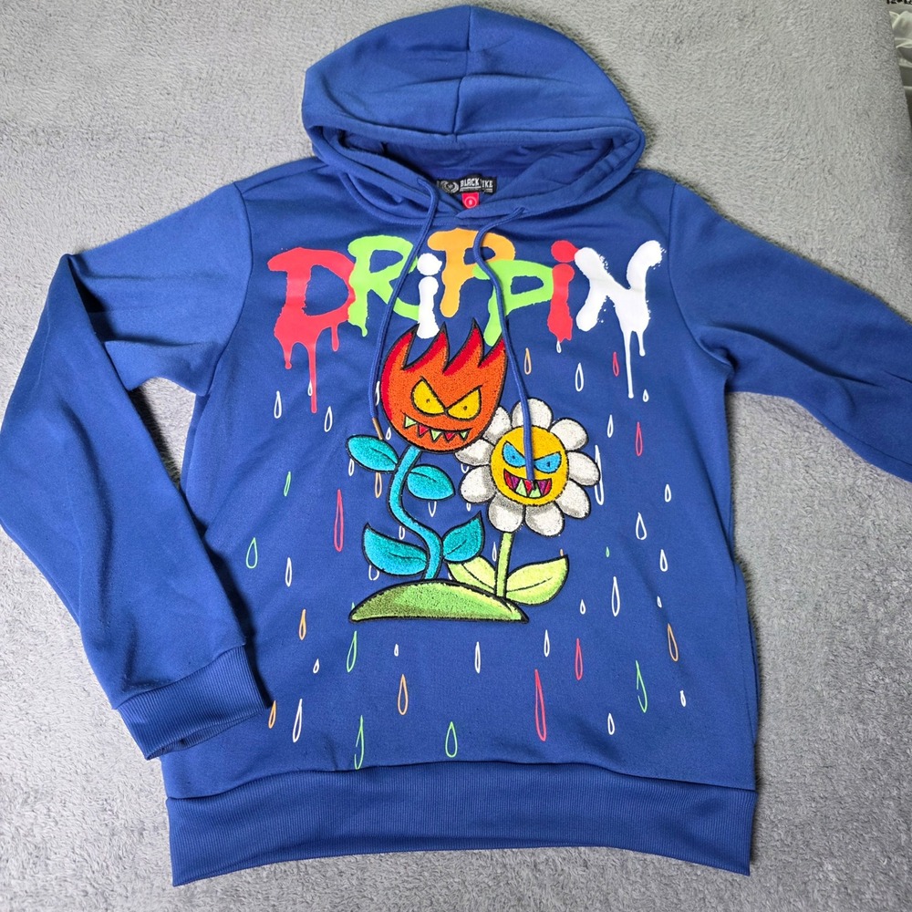 Black Pike Mens Small Hoodie Blue Drippin Graphic Chenille Patch Streetwear